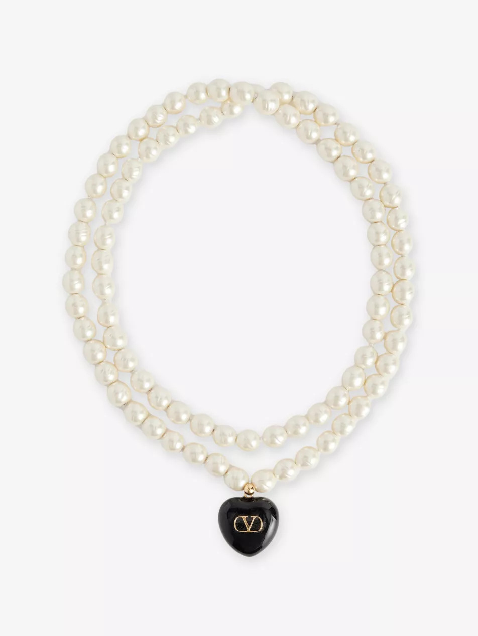 Heart V-logo double-wrap brass and pearl necklace | Selfridges
