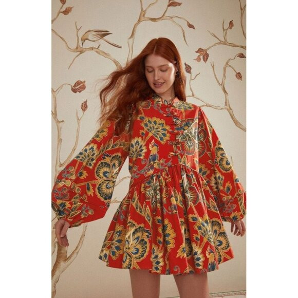 NWT Farm Rio Red Floral Long Sleeve Mini Dress Size XS Bird Tropical | Poshmark