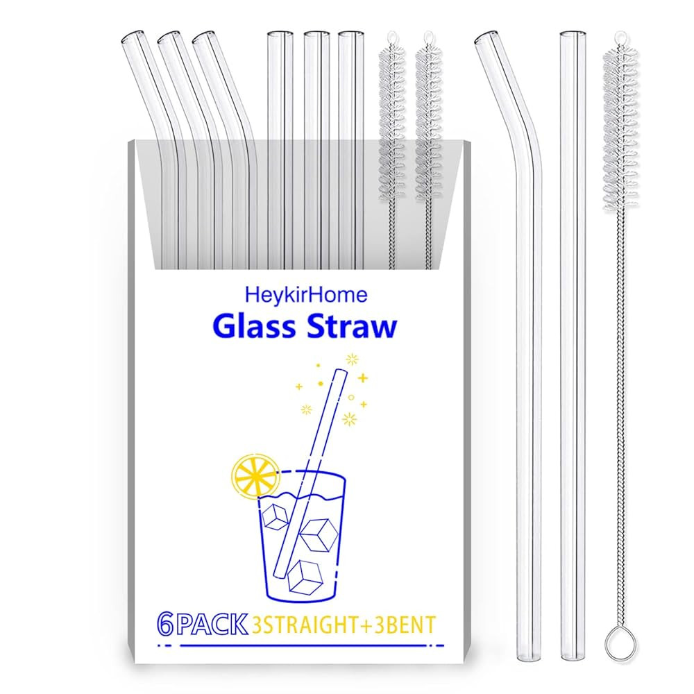 6-Pack Reusable Glass Straw-Transparent,Size 8''x10 MM,Including 3 Straight and 3 Bent with 2 Cle... | Amazon (US)