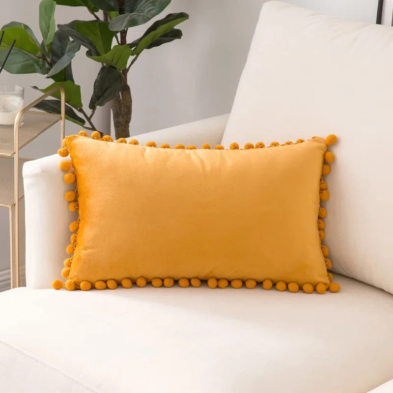 Yellow Ekstrom Pom Pom Velvet Lumbar Pillow Cover | Wayfair Professional
