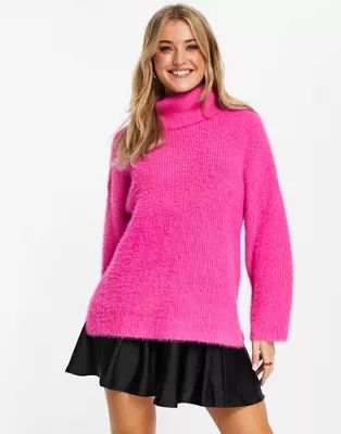 ASOS DESIGN oversized jumper with cowl neck in fluffy yarn in pink | ASOS (Global)
