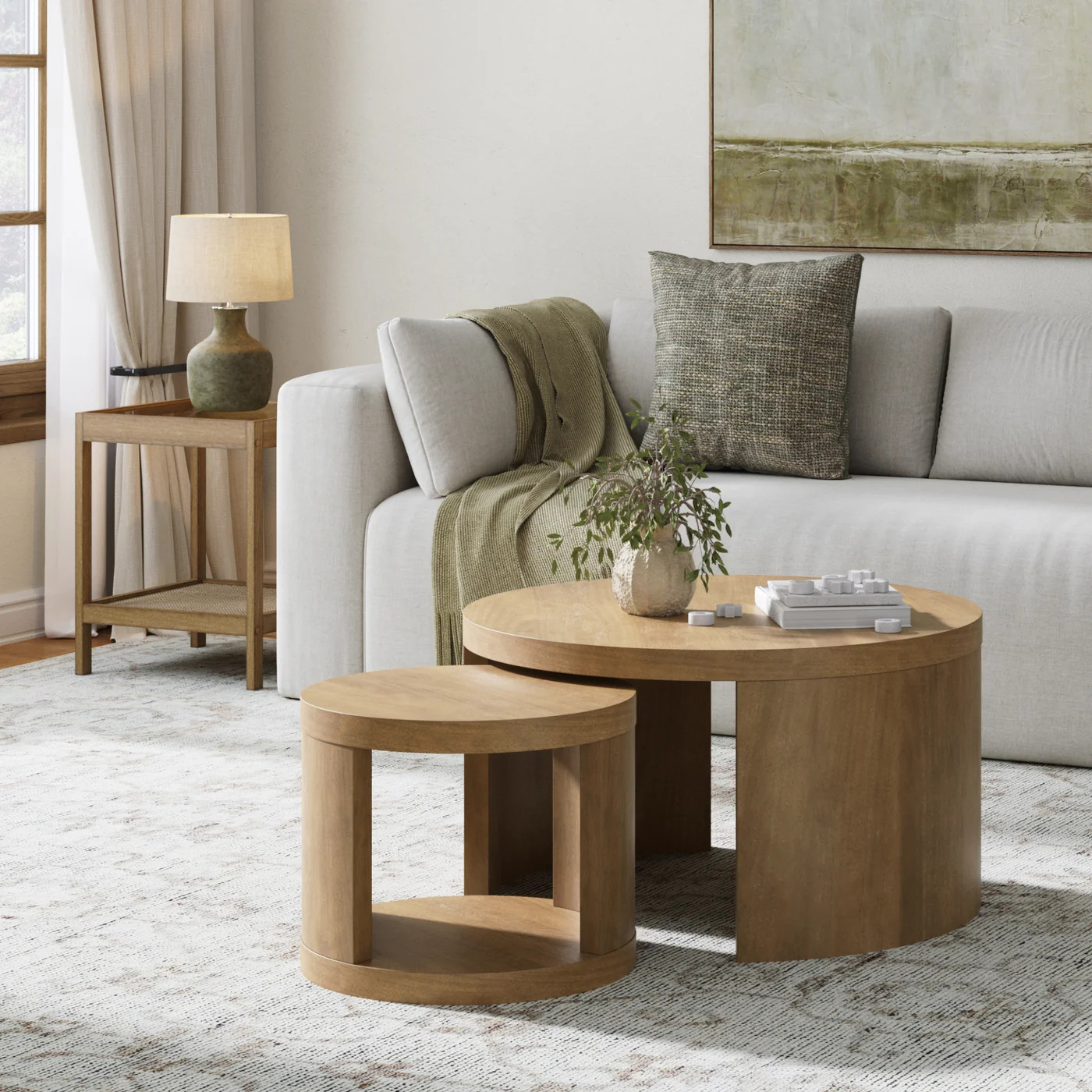 Round Wood Nesting Coffee Table Set Light Brown | Nathan James