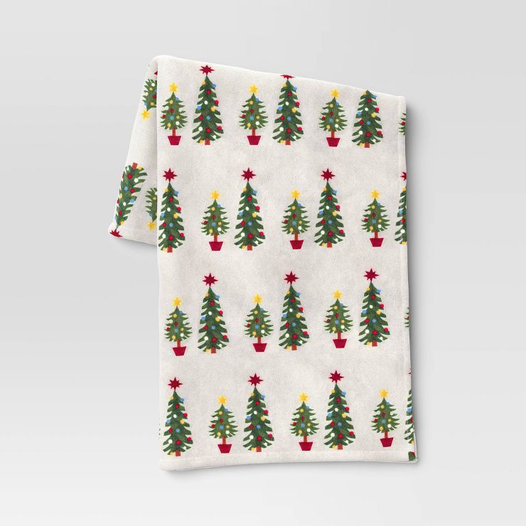 Christmas Trees Printed Plush Christmas Throw Blanket Cream - Wondershop&#8482; | Target