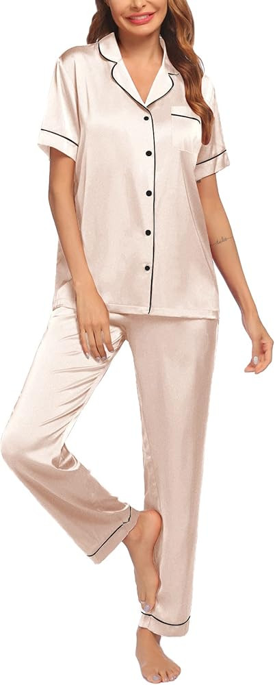 Ekouaer Silk Satin Pajamas Set Women Two-Piece Nightwear Short Sleeve Sleepwear Soft Button Down Lou | Amazon (US)