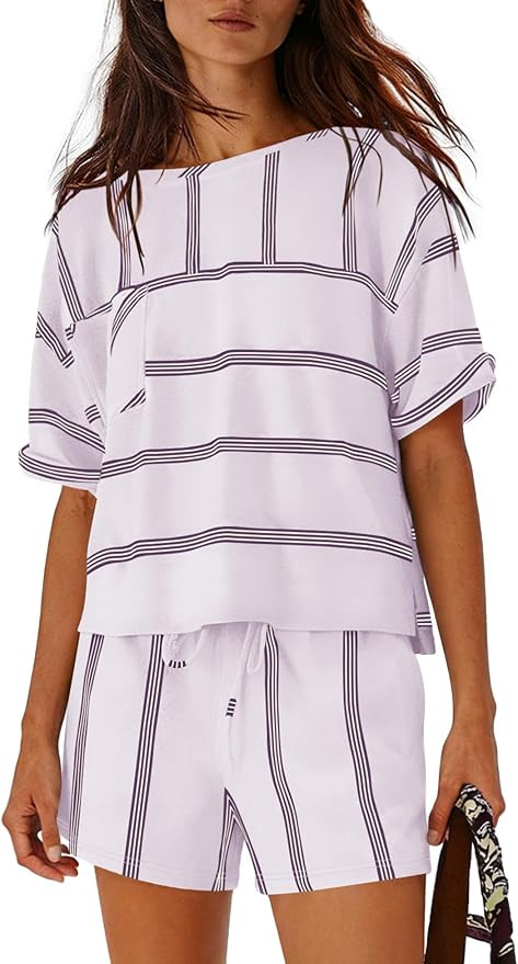 Nirovien Womens Striped Lounge Set 2 Piece Vacation Outfits Short Sleeve Tops and Drawstring Shor... | Amazon (US)