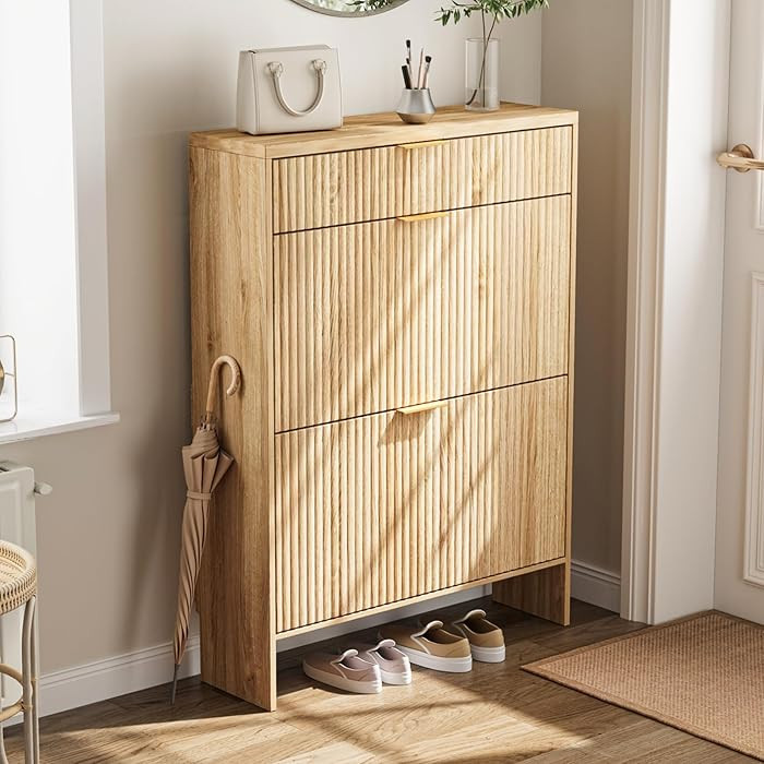 Fluted Shoe Cabinet Storage with 2 Flip Drawers & 1 Drawers, Wood Narrow Hidden Shoe Cabinet with... | Amazon (US)