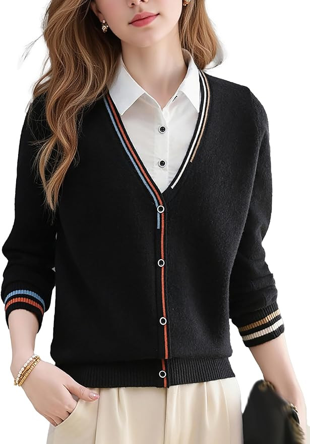 LAI MENG FIVE CATS Women's V-Neck Casual Collared 2 in 1 Pullover Top Long Sleeve Shirt Striped C... | Amazon (US)
