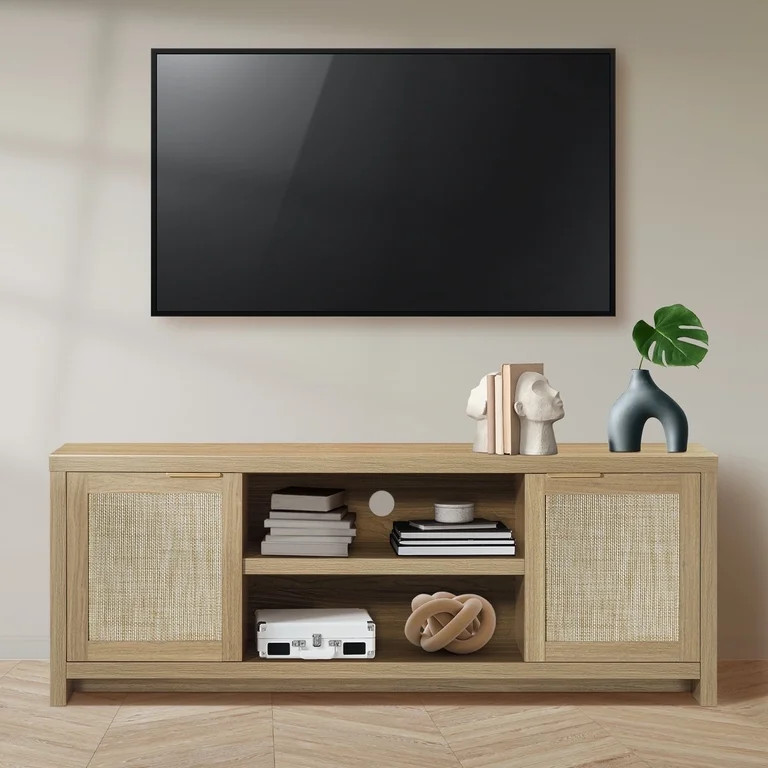 ARKANTOS Rattan TV Stand for Tvs up to 65 inch, Wood Media Console for Living Room, Natural Oak -... | Walmart (US)