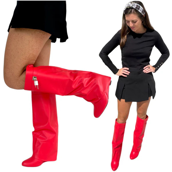 Red Leather 3” Hidden Wedge Heel Piper Boots with Buckle Detail | James Ascher