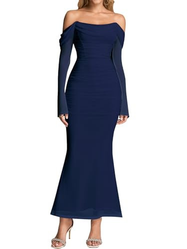 KUTUMAI Off Shoulder Long Sleeve Maxi Dress Corset Bodycon Ruched Cocktail Formal Wedding Guest Dresses for Women Navy M | Amazon (US)
