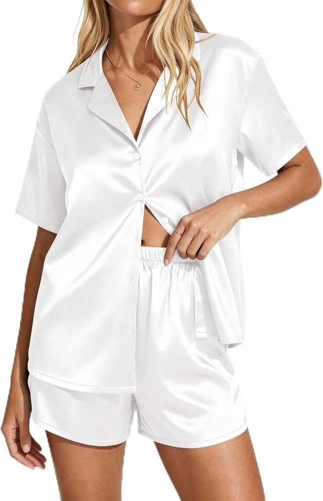 Ekouaer Womens Satin Pajama Set Short Sleeve Button Down Sleepwear 2 Piece Silky Pj Set Soft Loun... | Amazon (US)