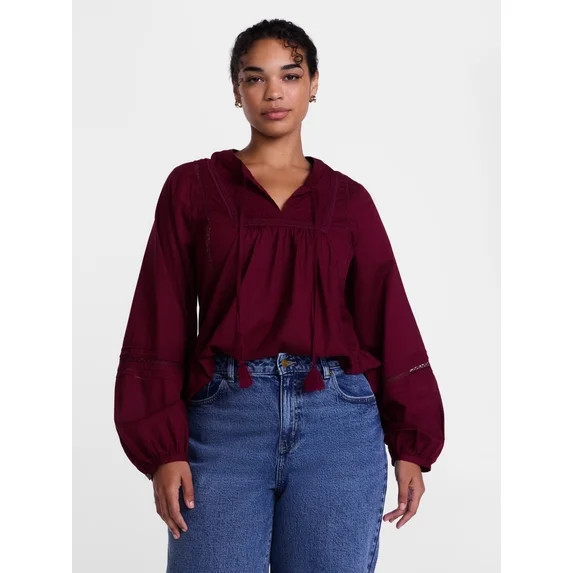 Scenario Women's and Women's Plus Embroidery Top with Lace Inserts, Sizes XS-4X | Walmart (US)