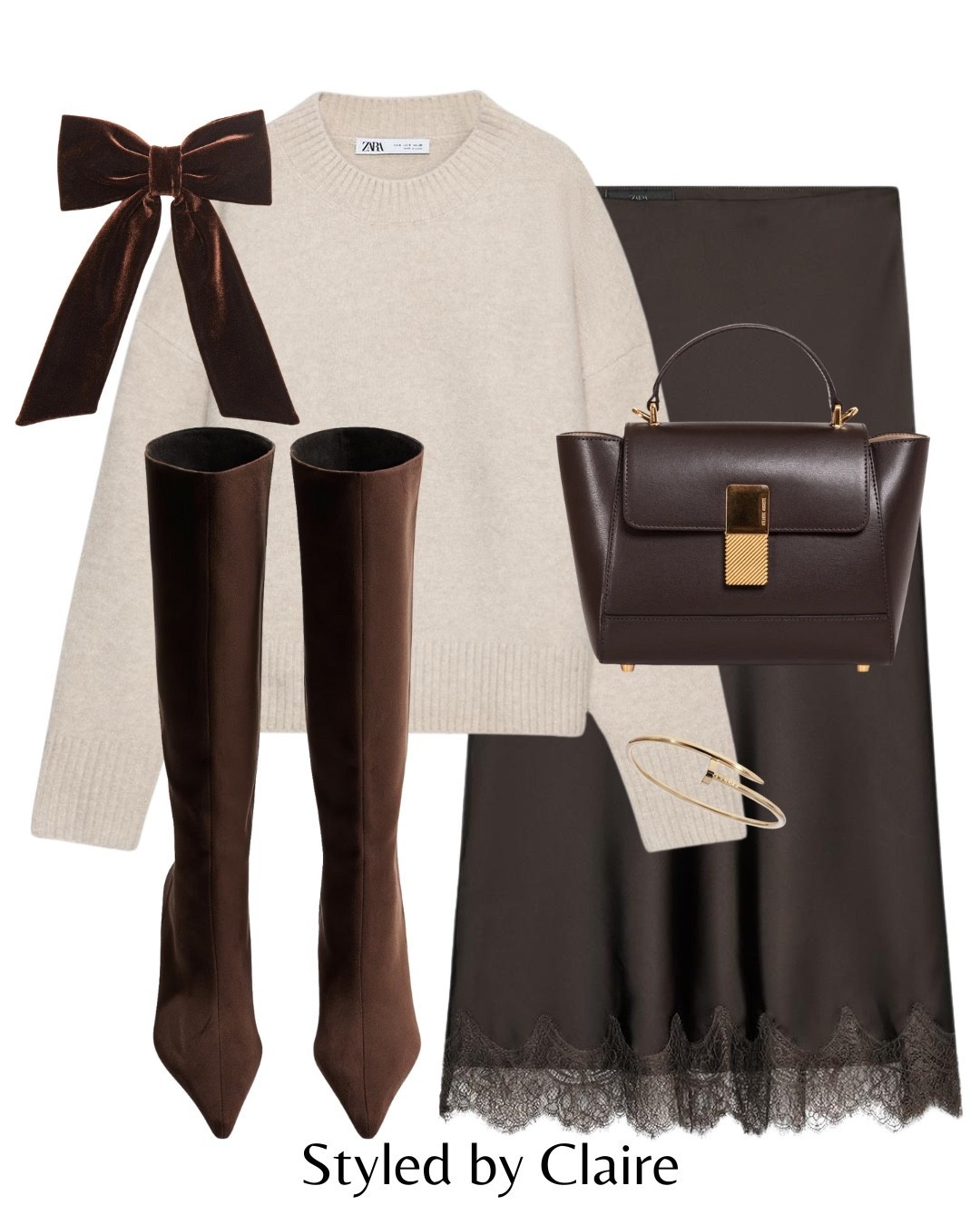 Lace trim satin skirt styling🤎
Tags: Zara midi chocolate brown knit jumper basic knee high suede faux boots velvet bow ateliers auguste marly bag cuff fashion winter festive inspo outfit ideas partywear Christmas Day night out date trending chic women’s stylee

#LTKpartywear #LTKshoes #LTKstyletip