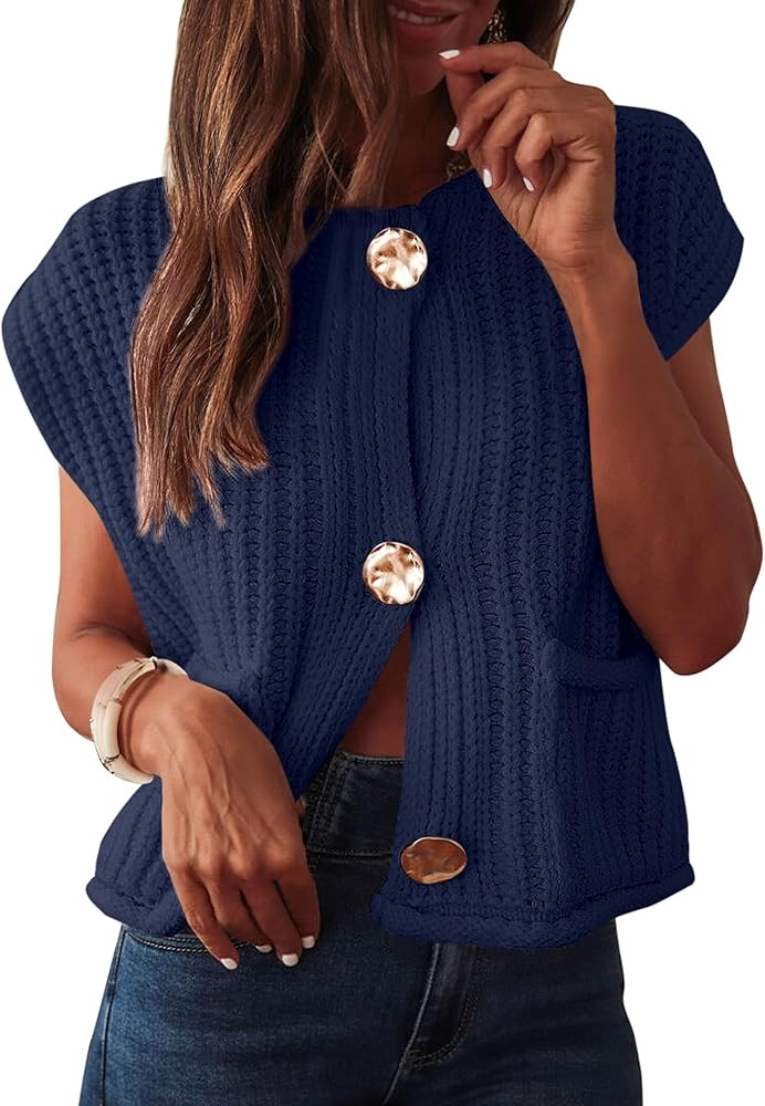 ANRABESS Women Chunky Knit Sweater Vest Button Down Casual Sleeveless Cardigan with Pockets Sprin... | Amazon (US)