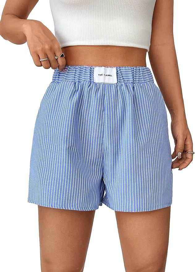 Floerns Women's Plaid Print Elastic High Waist Wide Leg Casual Shorts | Amazon (US)