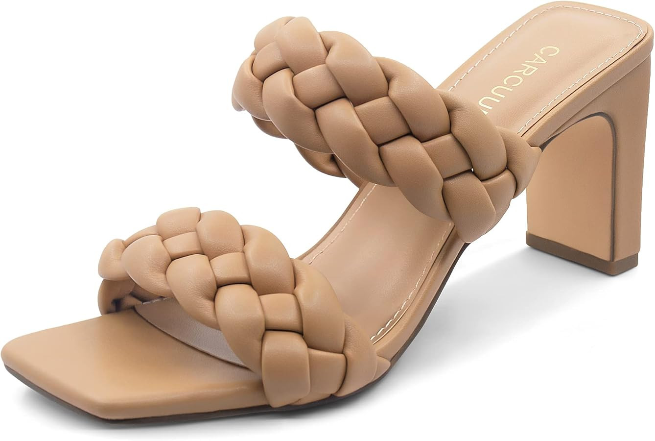 Carcuume Women's Square Toe Two Strap Open Toe Block Heels Sandals Slip On Shoes | Amazon (US)