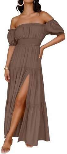 ZESICA Women's 2026 Boho Sexy Off Shoulder Short Sleeve Smocked Side Split Flowy A Line Tiered Lo... | Amazon (US)