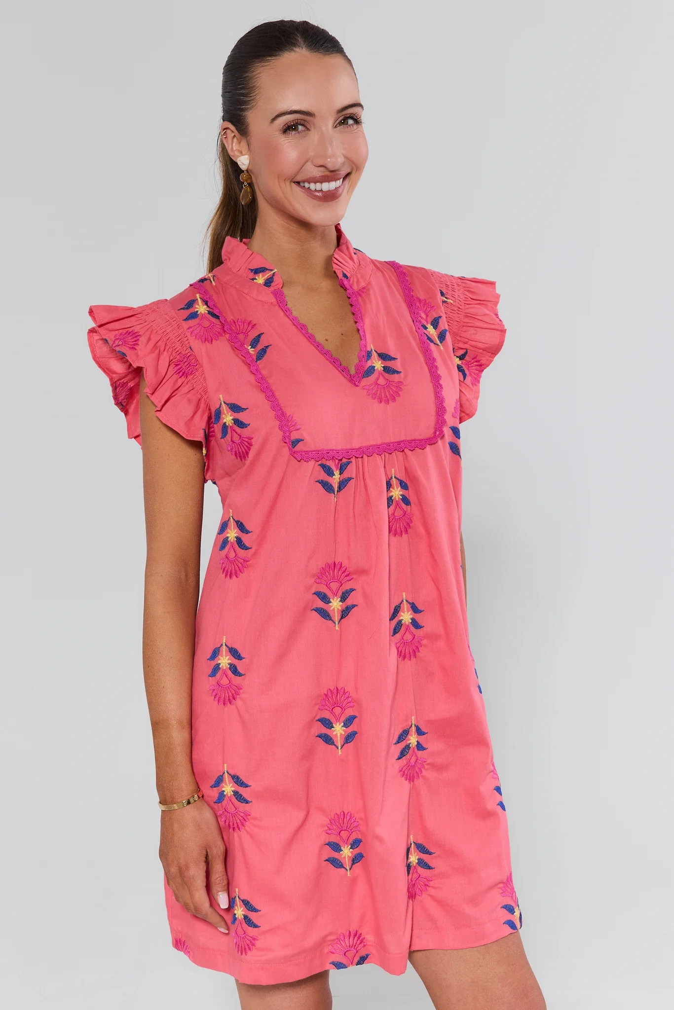Pink Floral Embroidered Short Dress | Avara