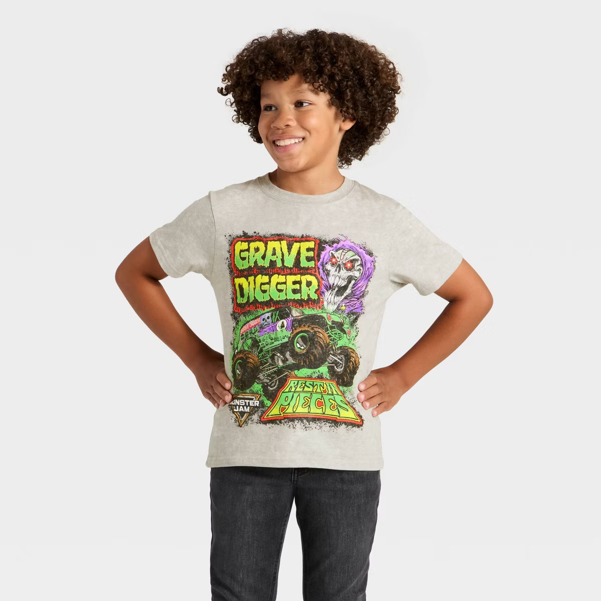 Boys' Monster Jam Grave Digger Short Sleeve Graphic T-Shirt - Gray XS | Target