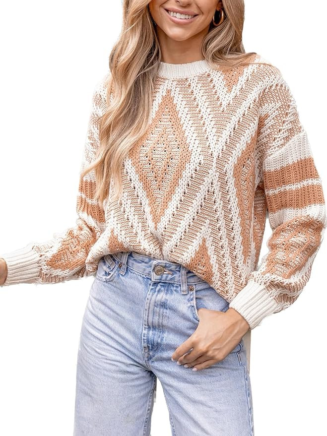 CUPSHE Women Round Neck Sweater Knit Geometric Patterned Casual Tops Long Sleeves Sweaters | Amazon (US)