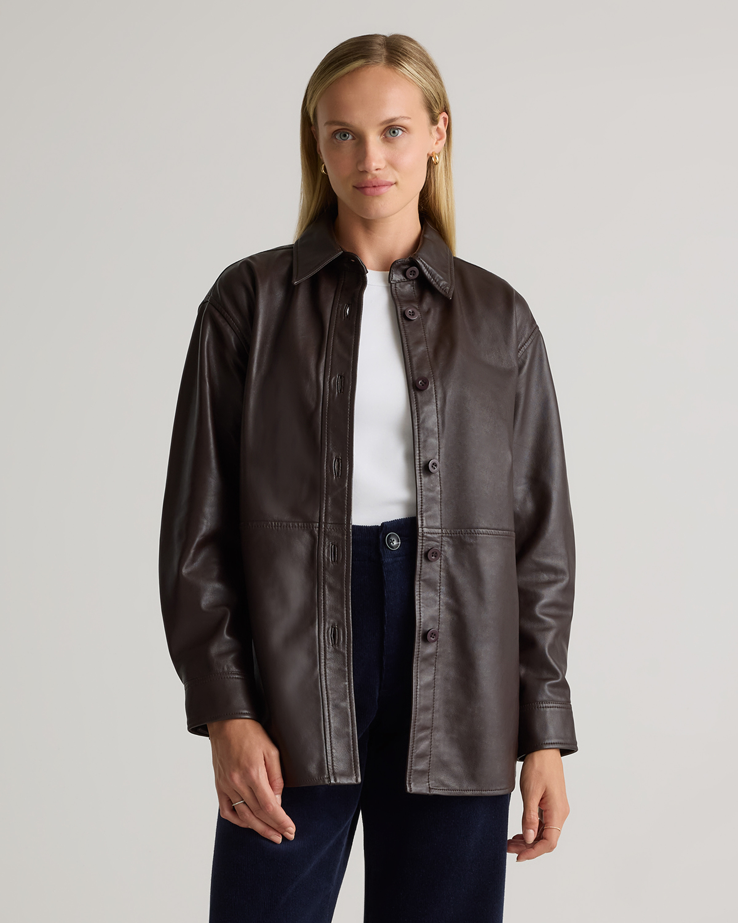 Quince | Women's Shirt Jacket in Brown, Size Large, Leather | Quince