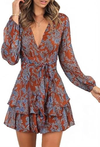 Dokotoo Womens 2024 Summer Spring V Neck Ruffle Chiffon Elegant Tie Knot Mini Short Swing Skater ... | Amazon (US)