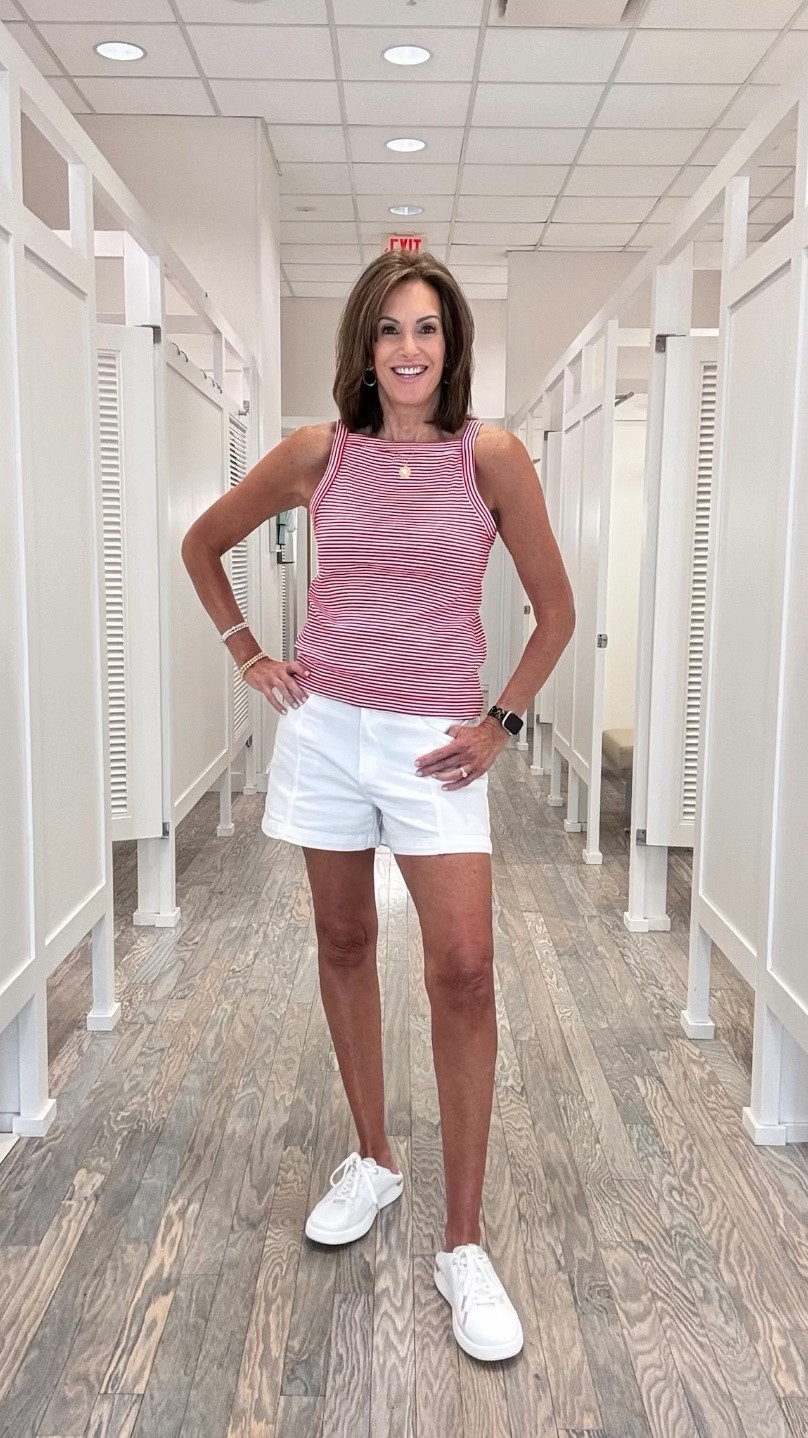 Tank - XL
White denim shorts - 29 (if between sizes go with smaller size. They run big) 

Memorial Day, Fourth of July, Summer outfit, Vacation, outfit inspo, casual outfit, ageless style, white denim shorts

#LTKSeasonal #LTKOver40 #LTKootd