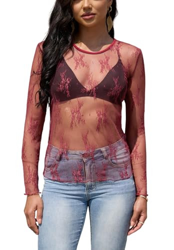 YAMILI Lace Tops for Women Mesh Long Sleeve Top Crew Neck Sheer Blouse Sexy See Through Layering Shirts Outfits Red Wine | Amazon (US)
