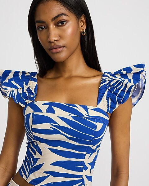 Printed Square Neck Flutter Sleeve Top | Express