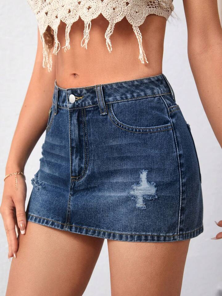 SHEIN Essnce Women's Summer Casual Washed Ripped Denim Mini Skirt | SHEIN
