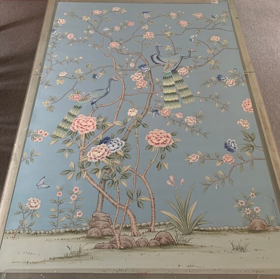 51" x 72" Peacock and Peony Chinoiserie Handpainted Artwork on Blue Slub Silk | Etsy (US)