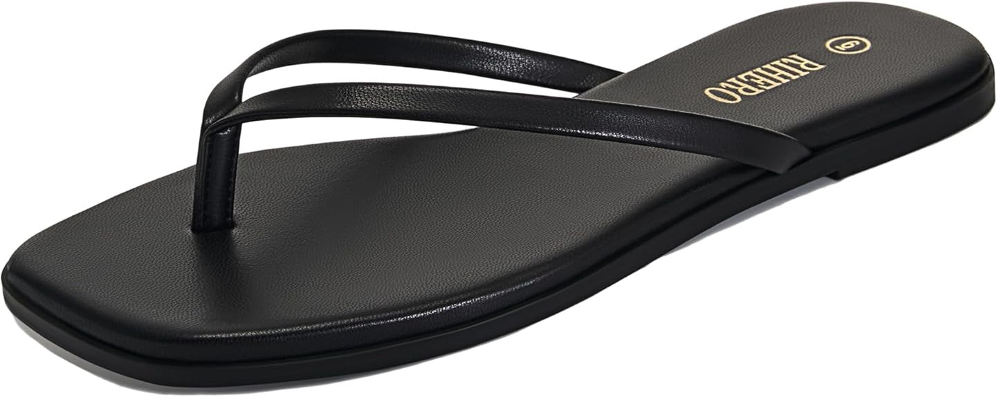 Rihero Flip Flops for Women Comfortable Square Toe Beach Sandals Slip On Leather Thong Flat Sanda... | Amazon (US)
