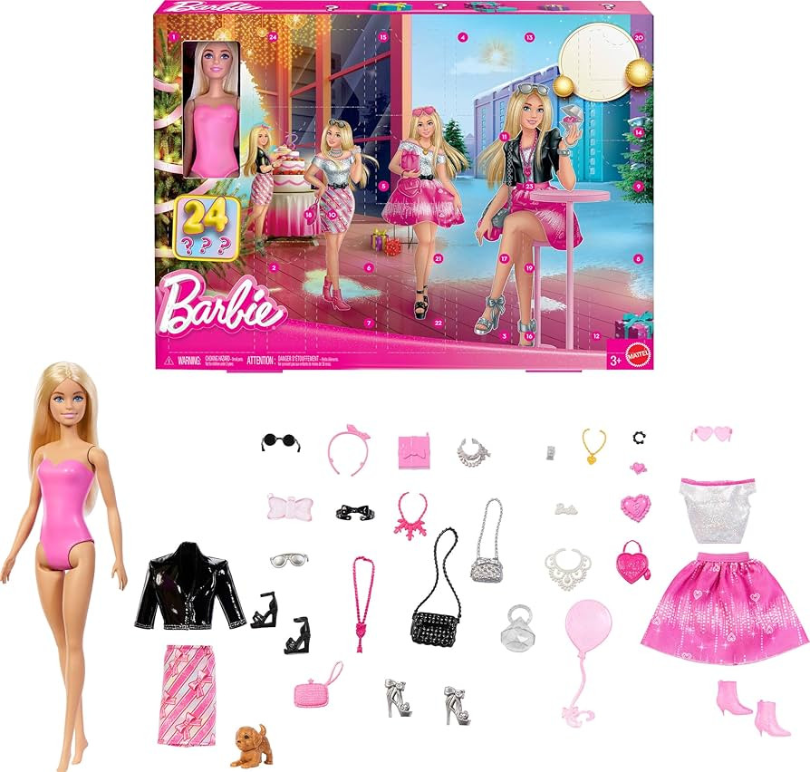 Barbie Doll Holiday Advent Calendar with 24 Clothing and Accessory Surprises Including Jacket, Sk... | Amazon (US)