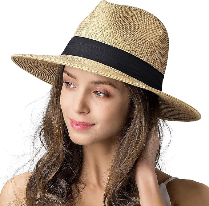 Womens Mens Wide Brim Straw Panama Hat Fedora Summer Beach Sun Hat UPF Straw Hat for Women | Amazon (US)