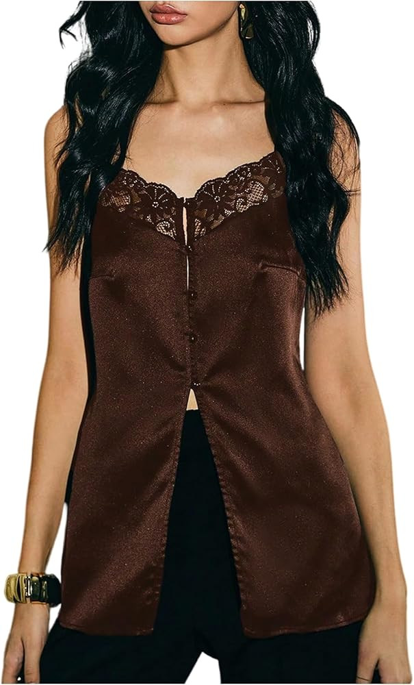GORGLITTER Women's Satin Lace Tops Y2k Button Down Split Spaghetti Silk Camisole Dressy Going Out... | Amazon (US)
