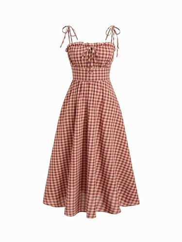 CIDER Women's Gingham Maxi Dresses Bow Tie Square Neck Plaid Milkmaid Dress with Pockets Summer Long Dress Vacation Outfits Red | Amazon (US)