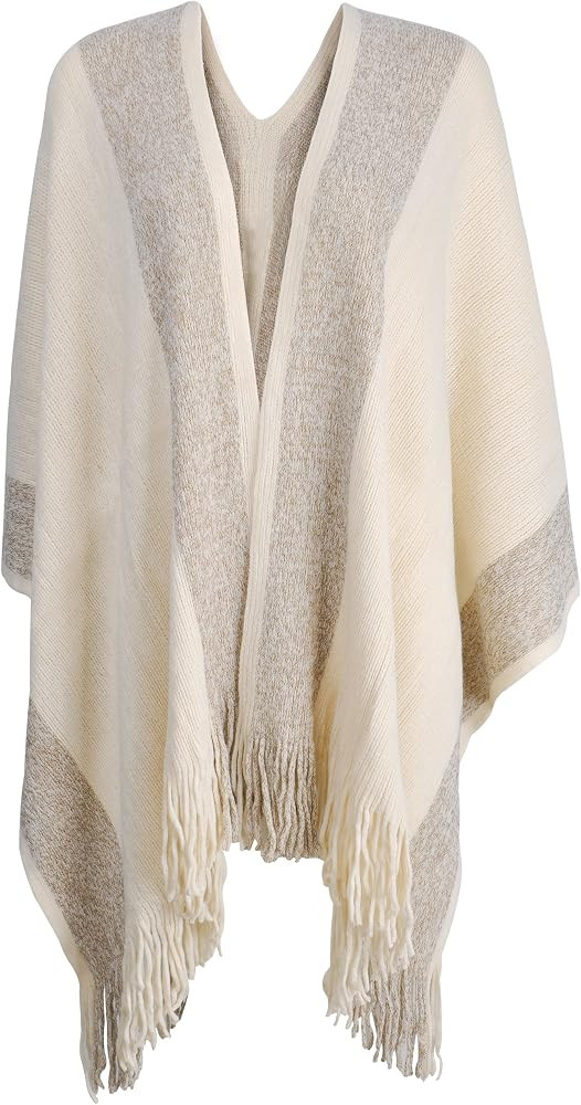 ZLYC Women's Shawl Golden Trim Knit Blanket Wrap Fringe Poncho Coat Cardigan | Amazon (US)