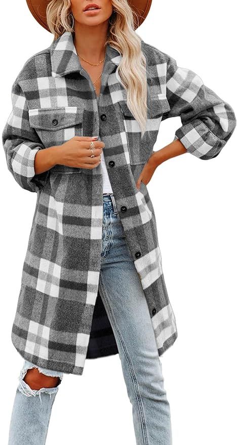 Womens Button Down Wool Blend Coat Brushed Plaid Casual Lapel Shacket Long Peacoat Oversized Jack... | Amazon (US)