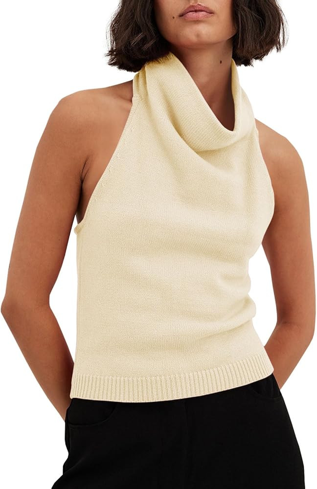 Langwyqu Womens Turtleneck Sweater Vests Sleeveless Knit Halter Tank Tops Sexy Loose Cami Shirts | Amazon (US)
