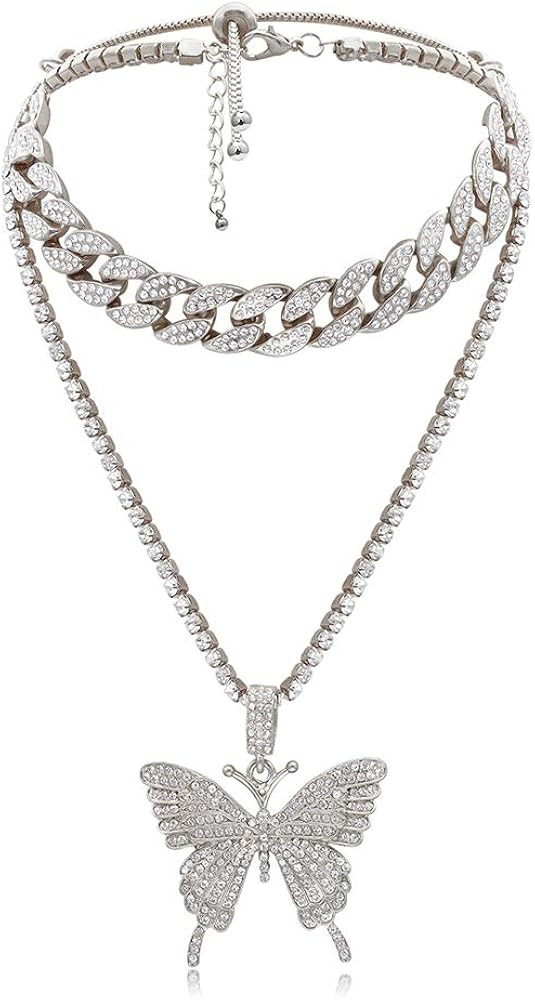 rongji jewelry Butterfly Cuban Link Necklace Set - Women Hip Hop Necklace Chain Iced Out with Bli... | Amazon (US)