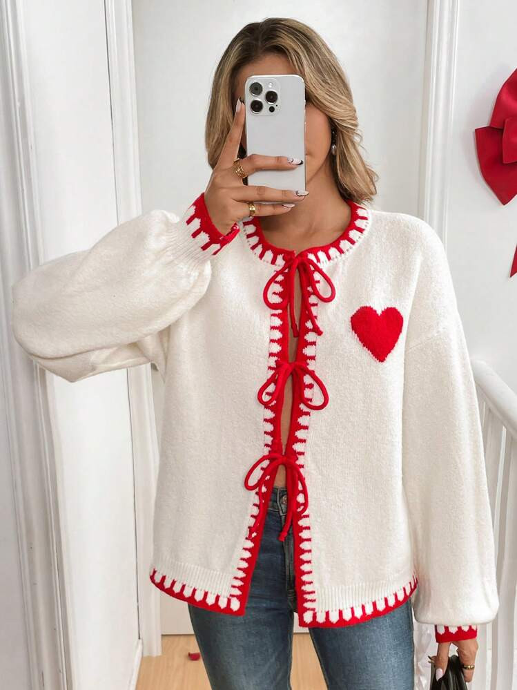 SHEIN Frenchy Women's Elegant Red Heart Tie Knit With Serrated Patchwork Colour Blocking Trims Ca... | SHEIN