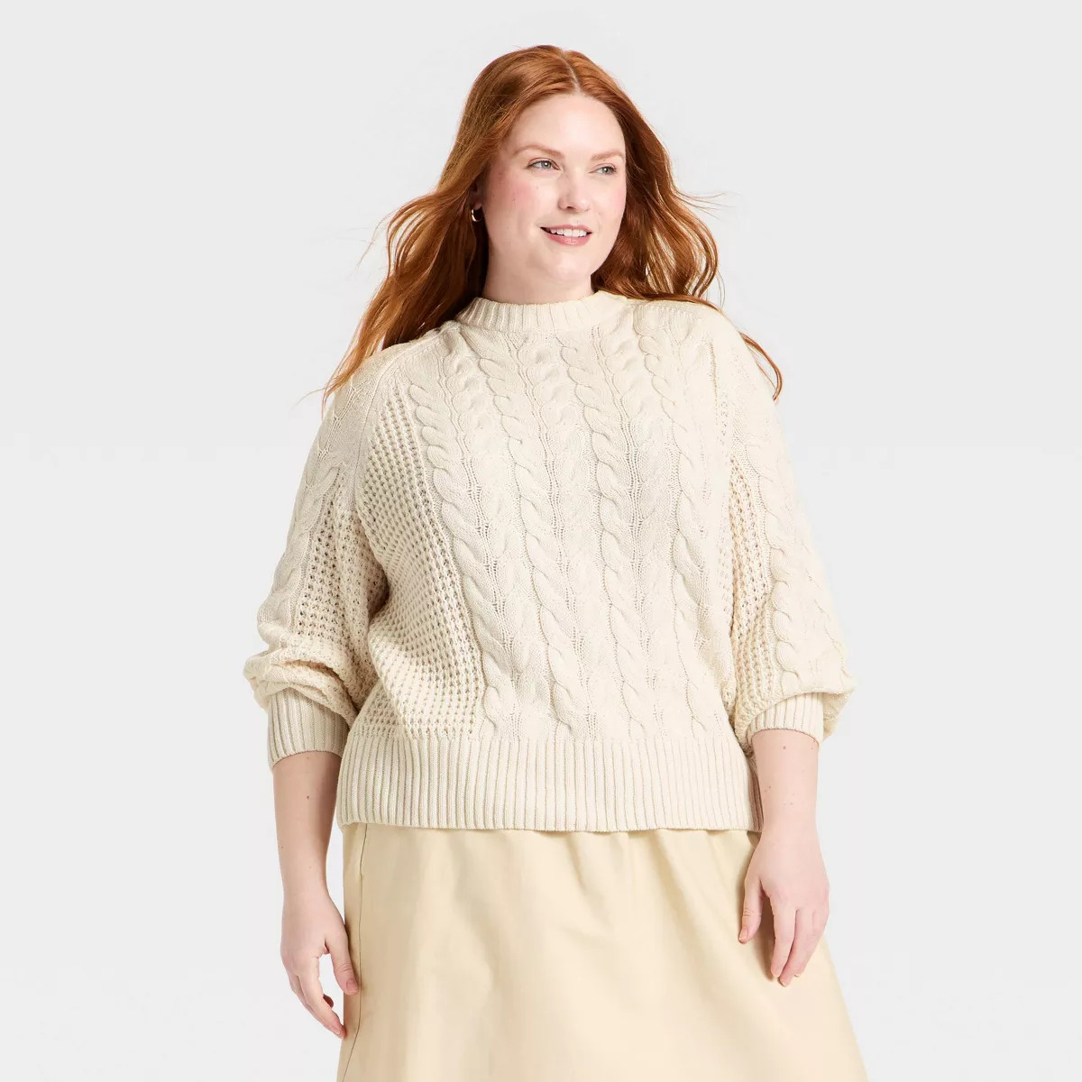 Women's Long Sleeve Round Neck Cable Sweater - A New Day™ Cream 2X | Target