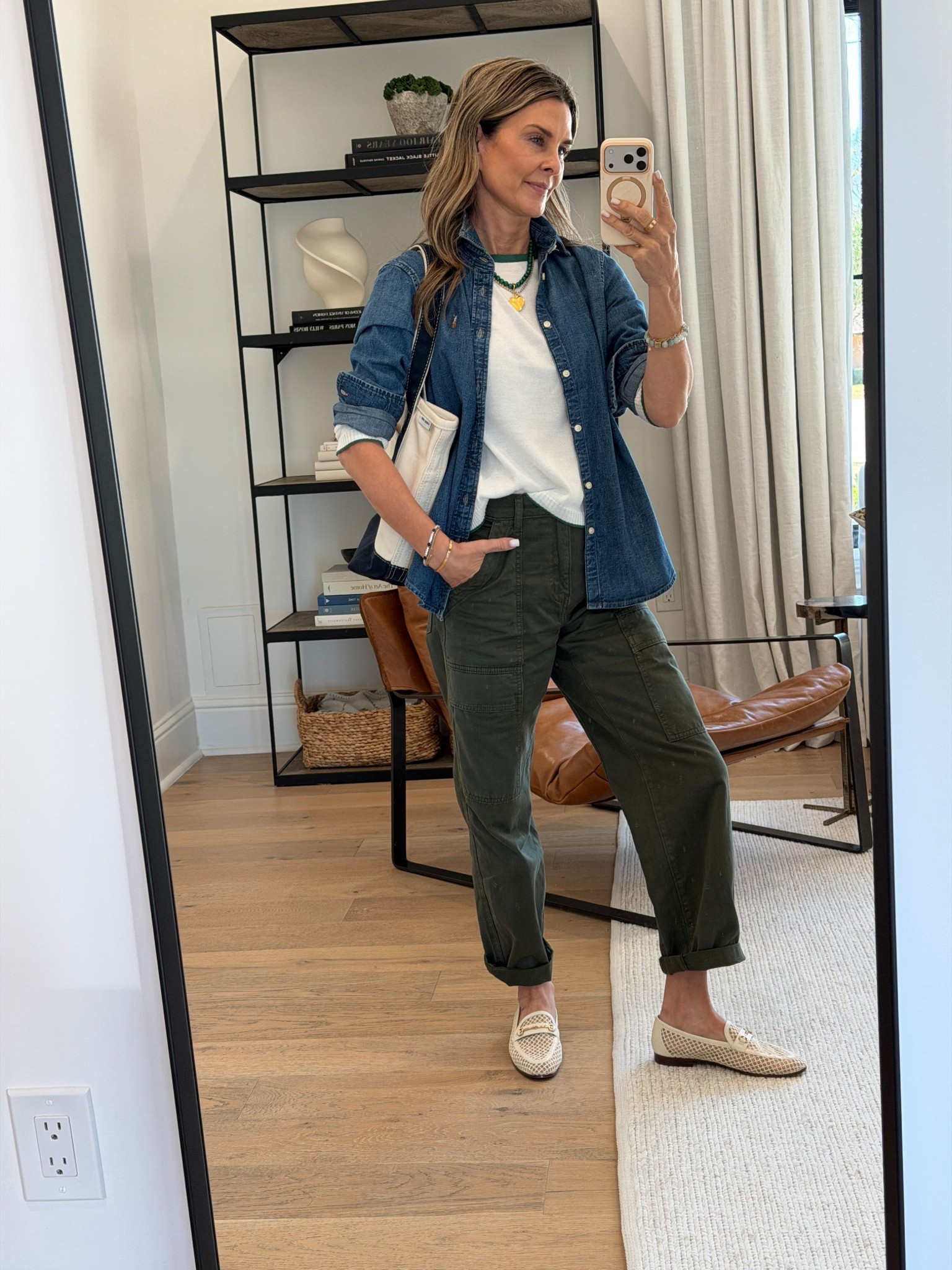 -Olive utility pants, TTS DISCOUNT CODE TAMMY15 I’m 5’6”, cuff hem rolls to your length. I have rolled twice.
-Sequin Jewerly discount code Tammy20, 
-Love this lightweight sweater with green tipping.  
-RL denim top sz 4, size up. 
-Mesh loafers TTS 

#LTKootd #LTKgrwm #LTKOver40