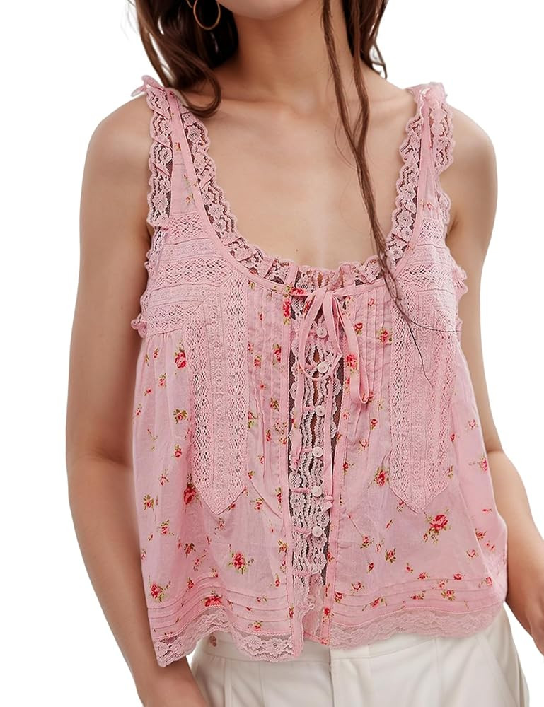 Wyeysyt Women Lace Trim Tank Tops Summer Flowers Boho Semi Sheer Tie Button Front Tops Sleeveless... | Amazon (US)