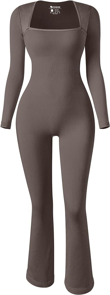 OQQ Long Sleeve Jumpsuits for Women Ribbed Long Sleeve Yoga Bell Bottoms Flare Jumpsuits | Amazon (US)