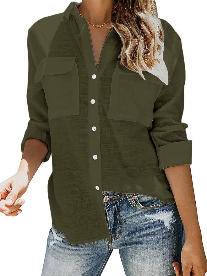 Womens Button Down V Neck Shirts Long Sleeve Blouse Roll Up Cuffed Sleeve Casual Work Plain Tops ... | Amazon (US)