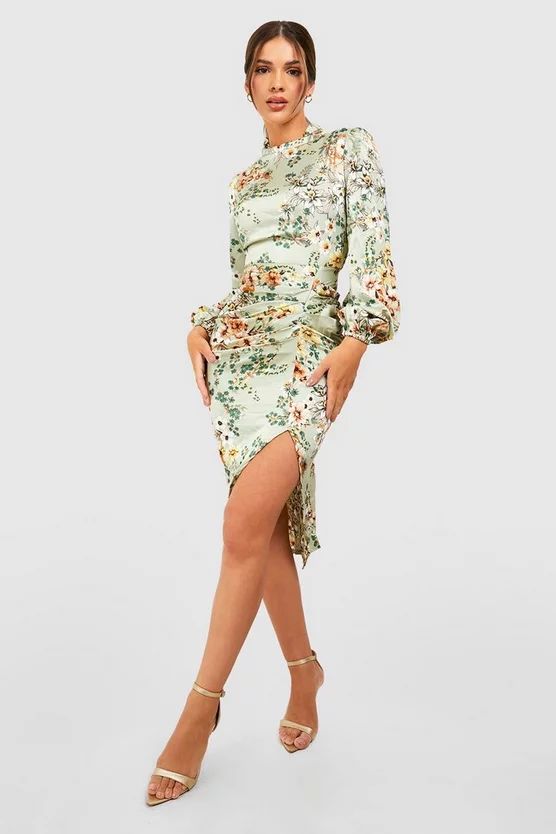 Floral Print High Neck Ruched Midi Dress | Boohoo.com (US & CA)