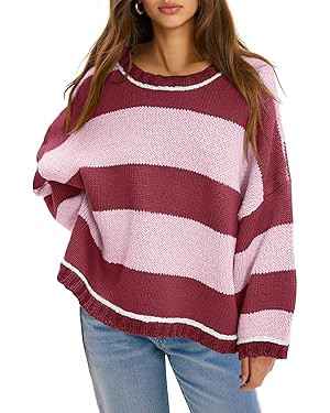 Fisoew Womens Oversized Sweaters Casual Long Sleeve Striped Color Block Crewneck Knitted Loose Fa... | Amazon (US)