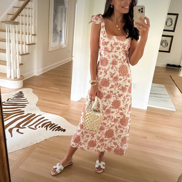 Zimmermann Pink Floral Midi Dress with Tie-Strap Shoulders | Poshmark