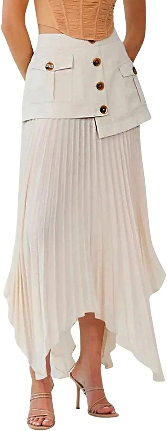 PIKADINGNIS Women Dressy Asymmetrical Chiffon Maxi Skirt Flowy Patchwork A Line Long Pleated Skir... | Walmart (US)